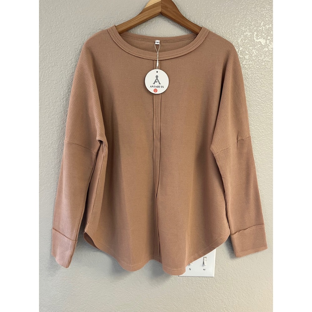 Anrabess Tan Waffle Knit Oversized Long Sleeve Seam Detail Top NWT Medium